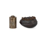 A small Qajar coco-de-mer begging bowl (kashkul) and an engraved brass inkwell Iran, 19th centur...