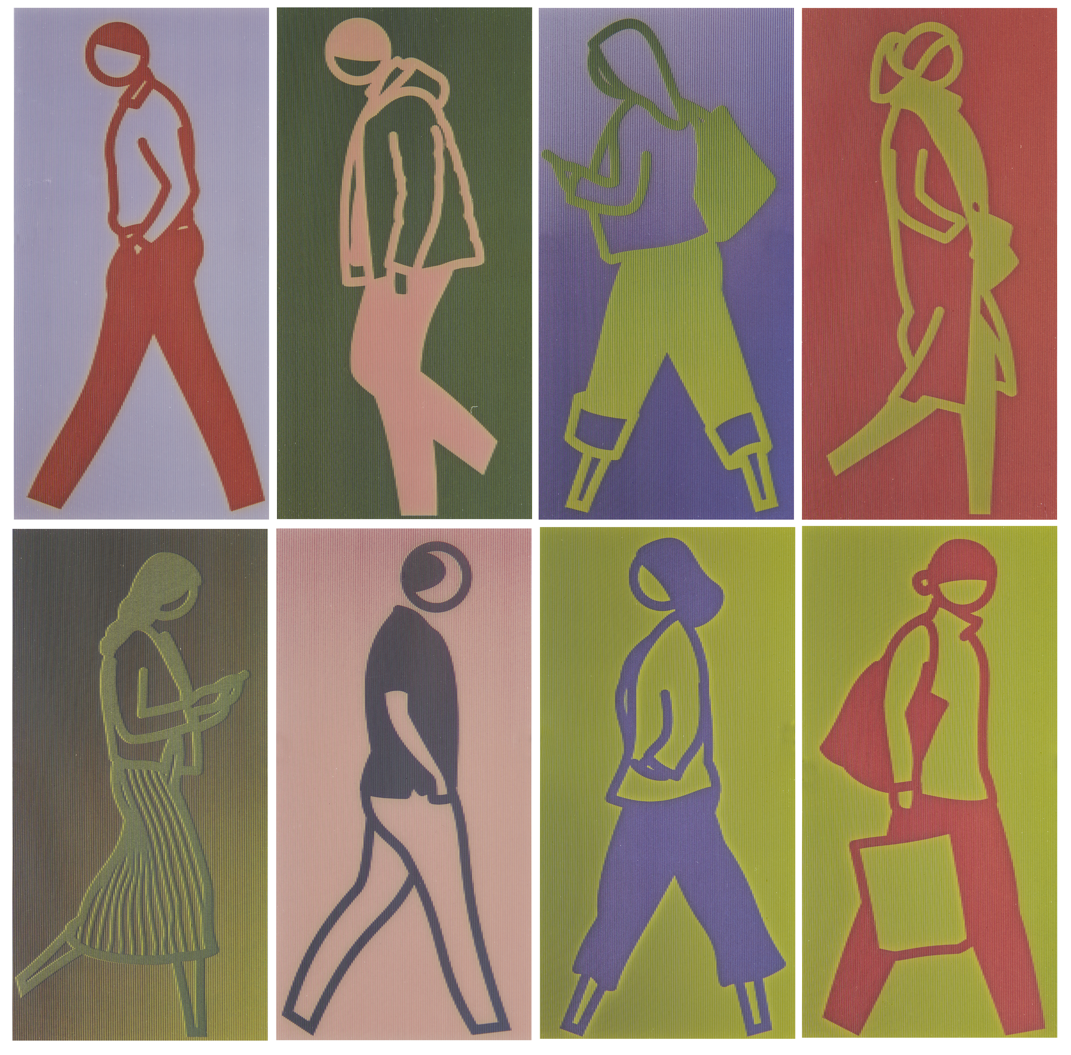 Julian Opie,  British b.1958-  Crossing, 2020; set of eight lenticular postcards, each image: 1...