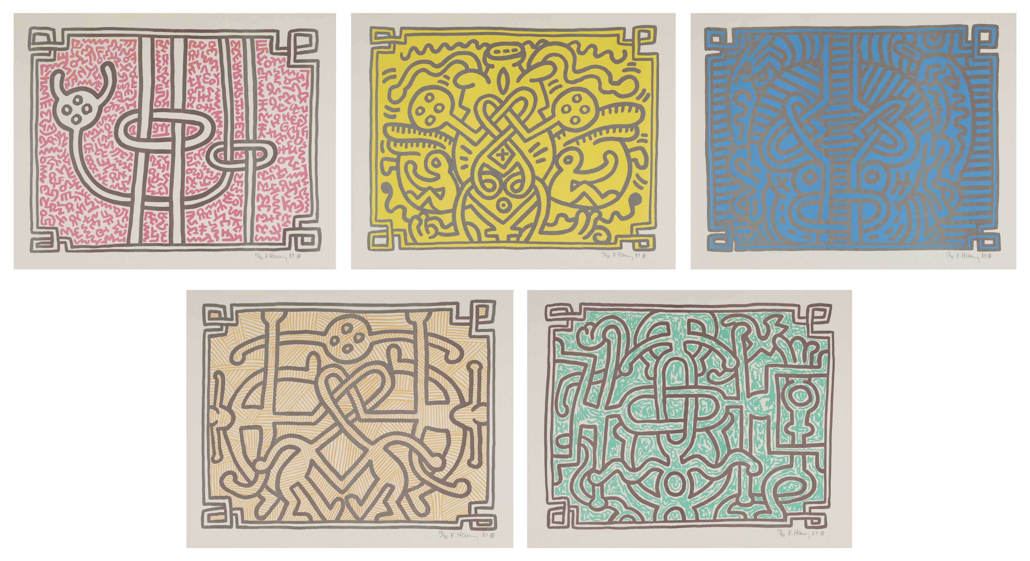 Keith Haring, American 1958-1990, Chocolate Buddha 1-5, 1989; set of five lithographs in colour...