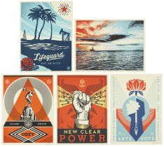 Shepard Fairey,  American b.1970-  Lifeguard Not on Duty, 2014; Oil Rig, 2023; Classic Discs, 20...