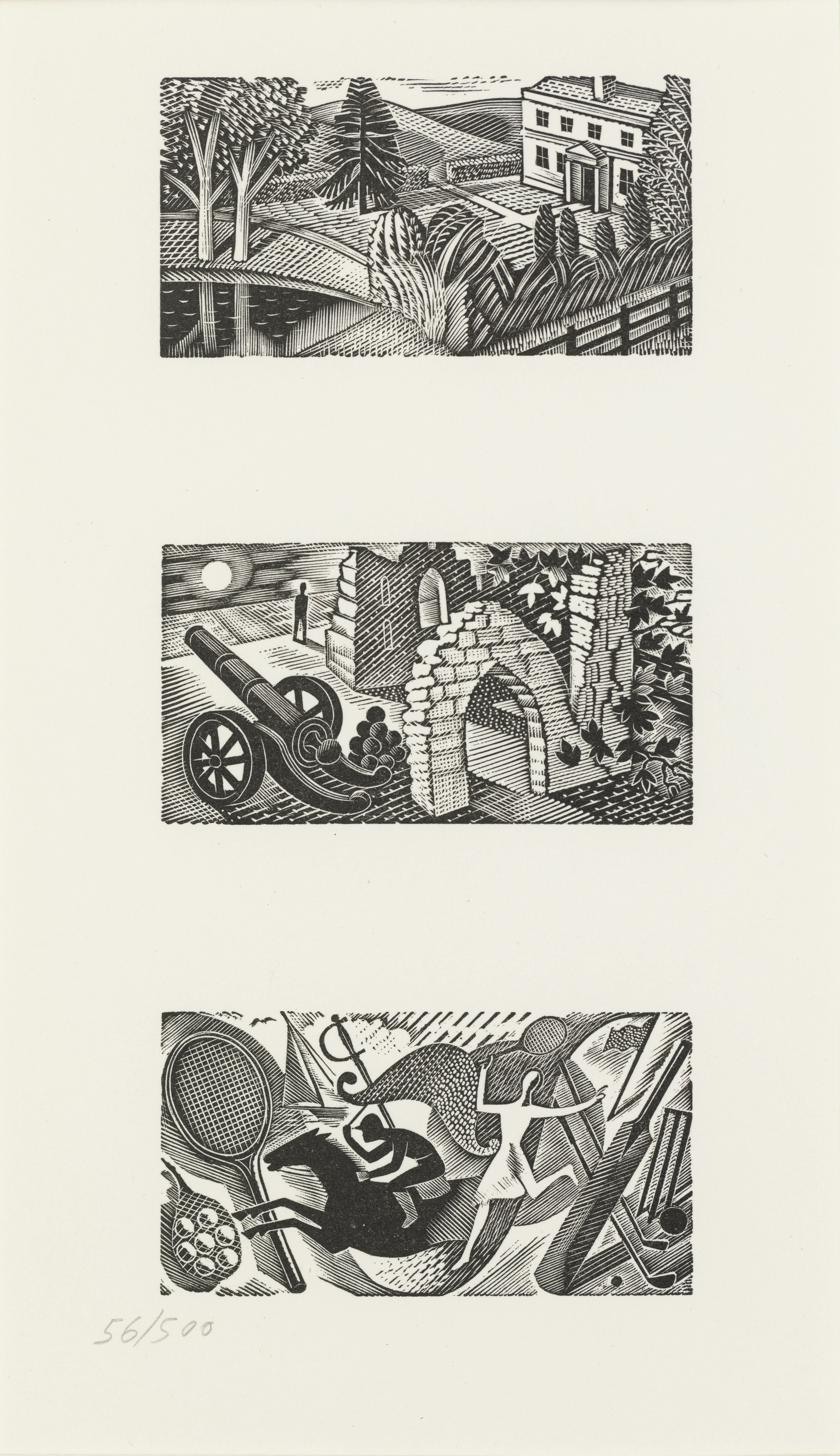 After Eric Ravilious,  British 1903-1942,  Three Vignettes for Thrice Welcome (1935), 1985;  wo...