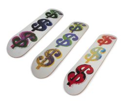 After Andy Warhol, American 1928-1987, Three Skatedecks with Dollar Sign Motif; produced in woo...