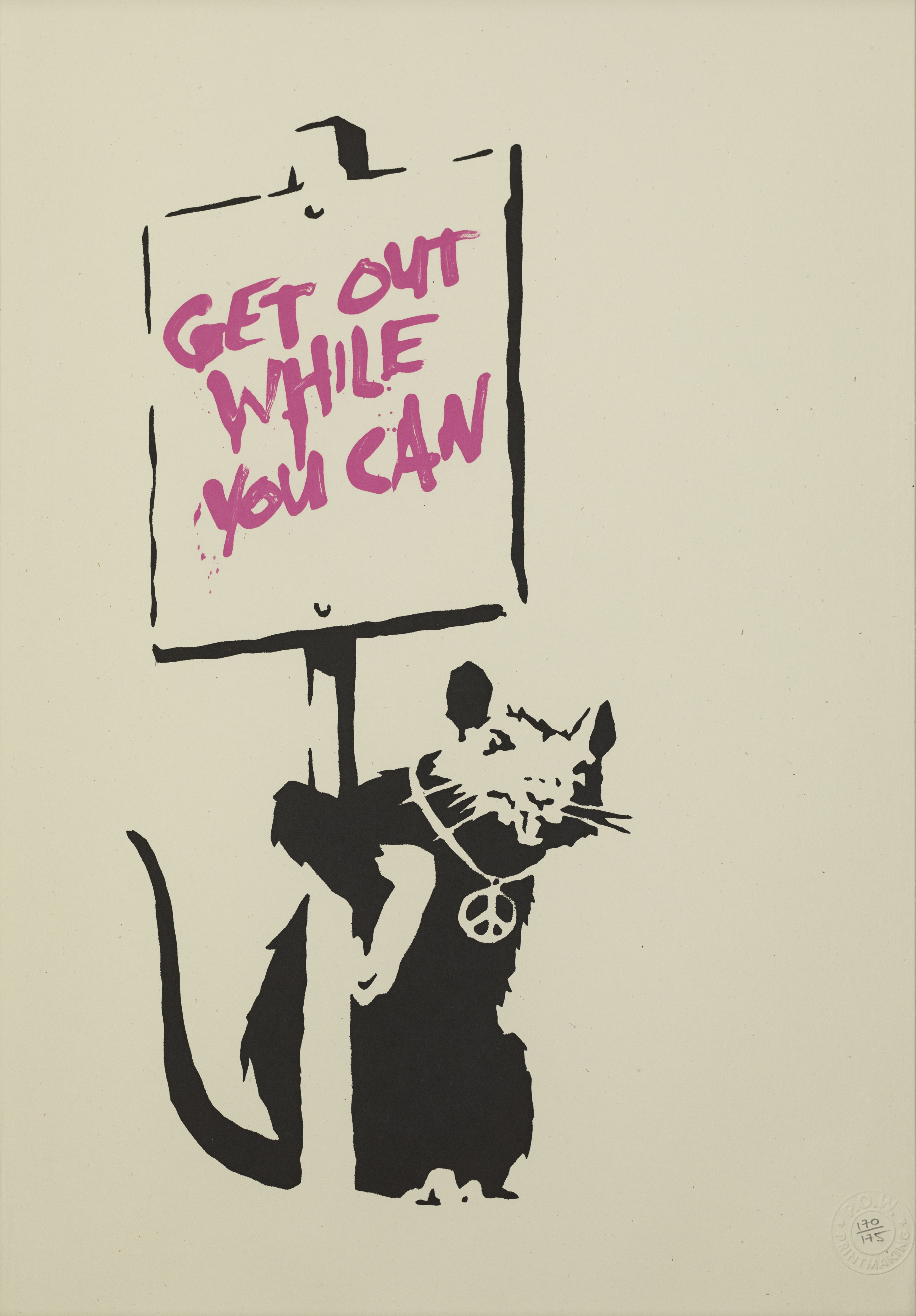 Banksy, British b. 1974- Get Out While You Can (pink), 2004; screenprint on wove,  numbered 170...