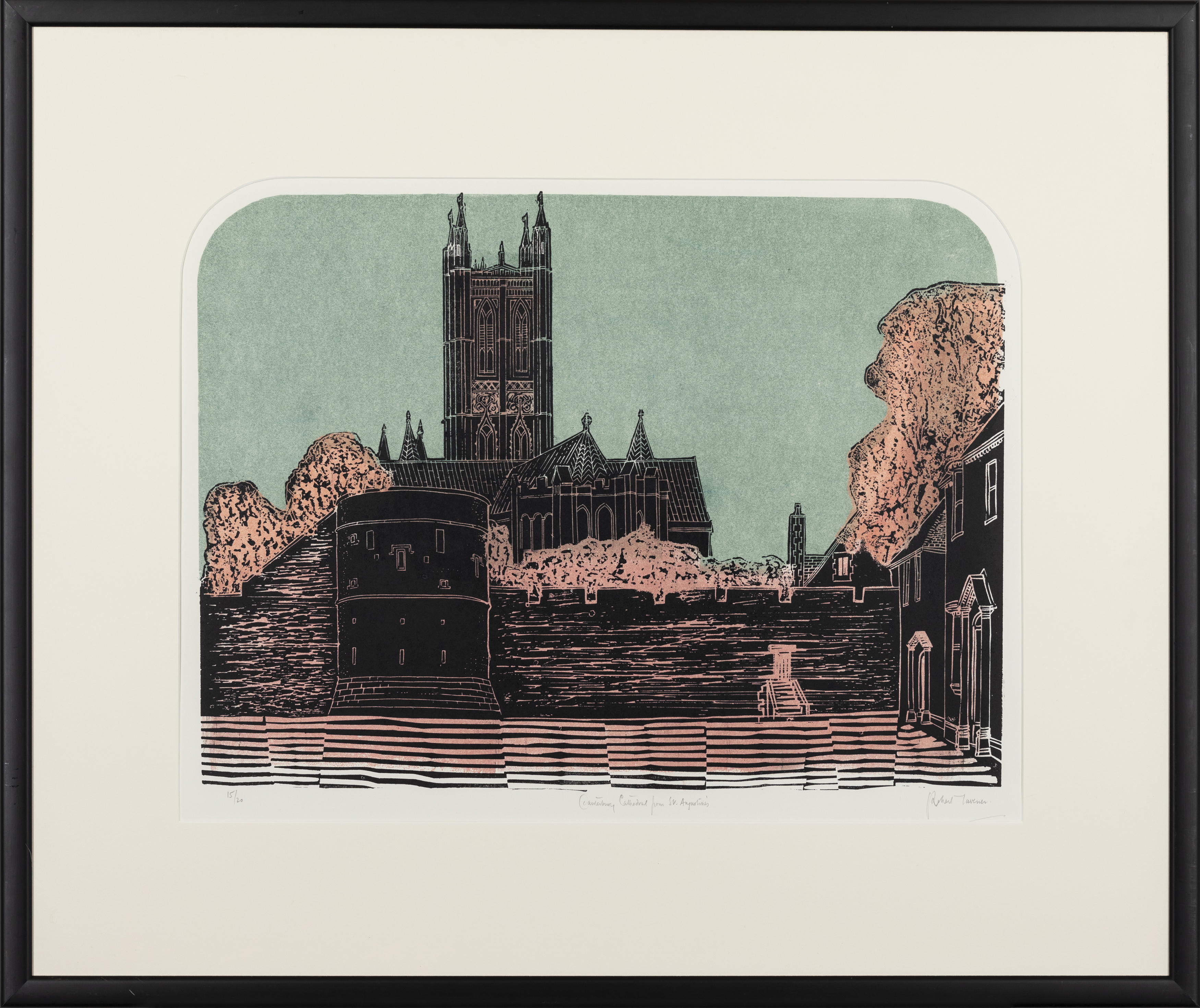 Robert Tavener RE,  British 1920-2004,  Canterbury Cathedral from St Augustine's,  linocut in c... - Image 2 of 2