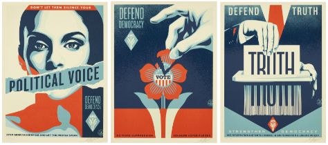 Shepard Fairey, American b. 1970- Defend Democracy Triptych, 2023; silkscreen prints on thick s...