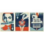 Shepard Fairey, American b. 1970- Defend Democracy Triptych, 2023; silkscreen prints on thick s...