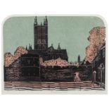 Robert Tavener RE,  British 1920-2004,  Canterbury Cathedral from St Augustine's,  linocut in c...