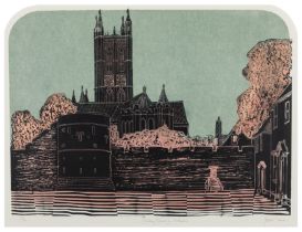 Robert Tavener RE,  British 1920-2004,  Canterbury Cathedral from St Augustine's,  linocut in c...