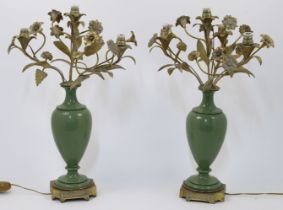 A pair of gilt brass and composition four-light table lamps, 20th century, each with four branche...