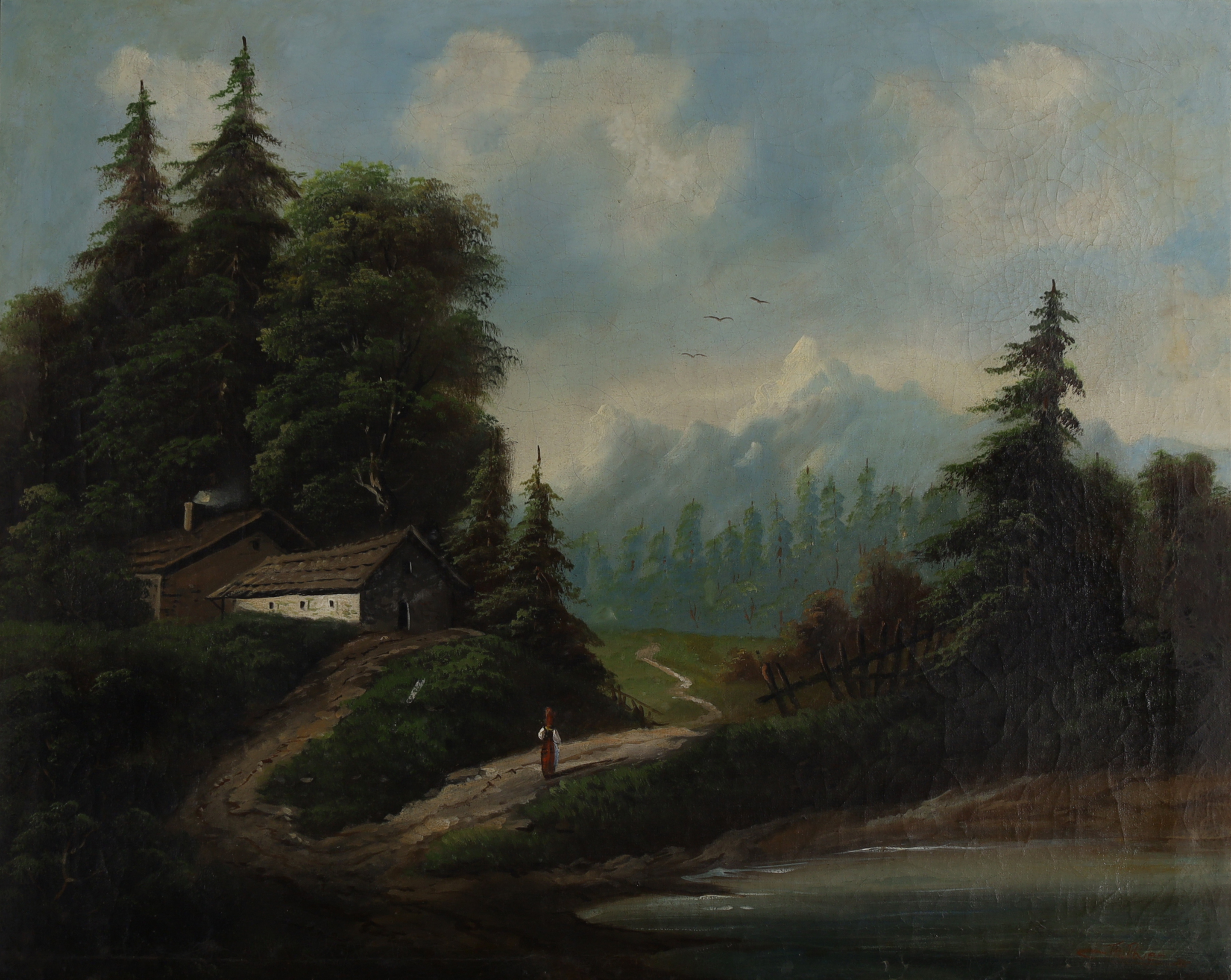 Edward Theodore Paier,  American 1918-2010-  View of a wooded Alpine Landscape with a cottage;  ...