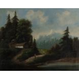 Edward Theodore Paier,  American 1918-2010-  View of a wooded Alpine Landscape with a cottage;  ...