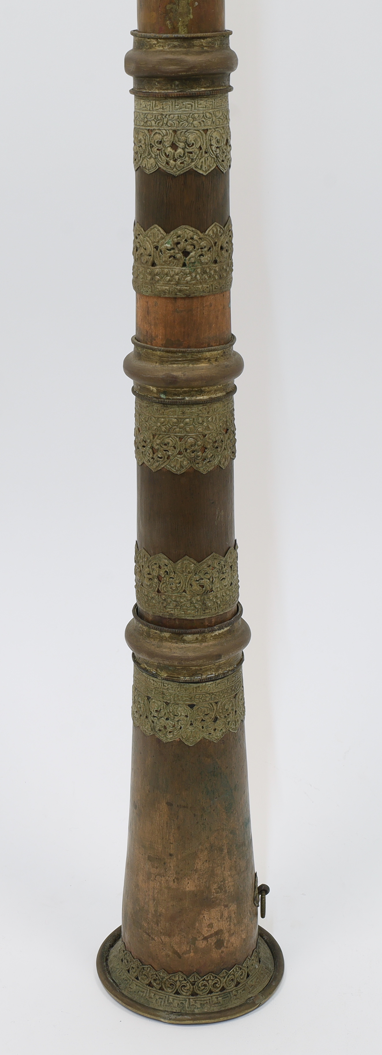 A Tibetan brass-mounted copper dung chen, 20th century, of typical form with three telescopic col... - Image 2 of 2