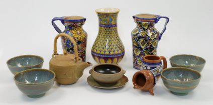 A group of earthenware, 20th century, to include an Italian majolica lustre vase, 28cm high, two ...