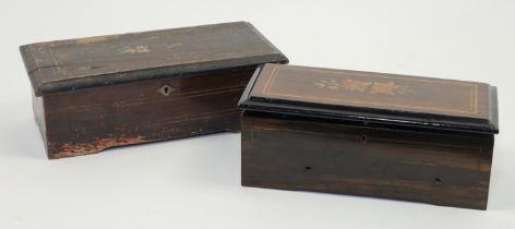 Two mahogany and ebonised music boxes, late 19th / early 20th century, to include one with marque...