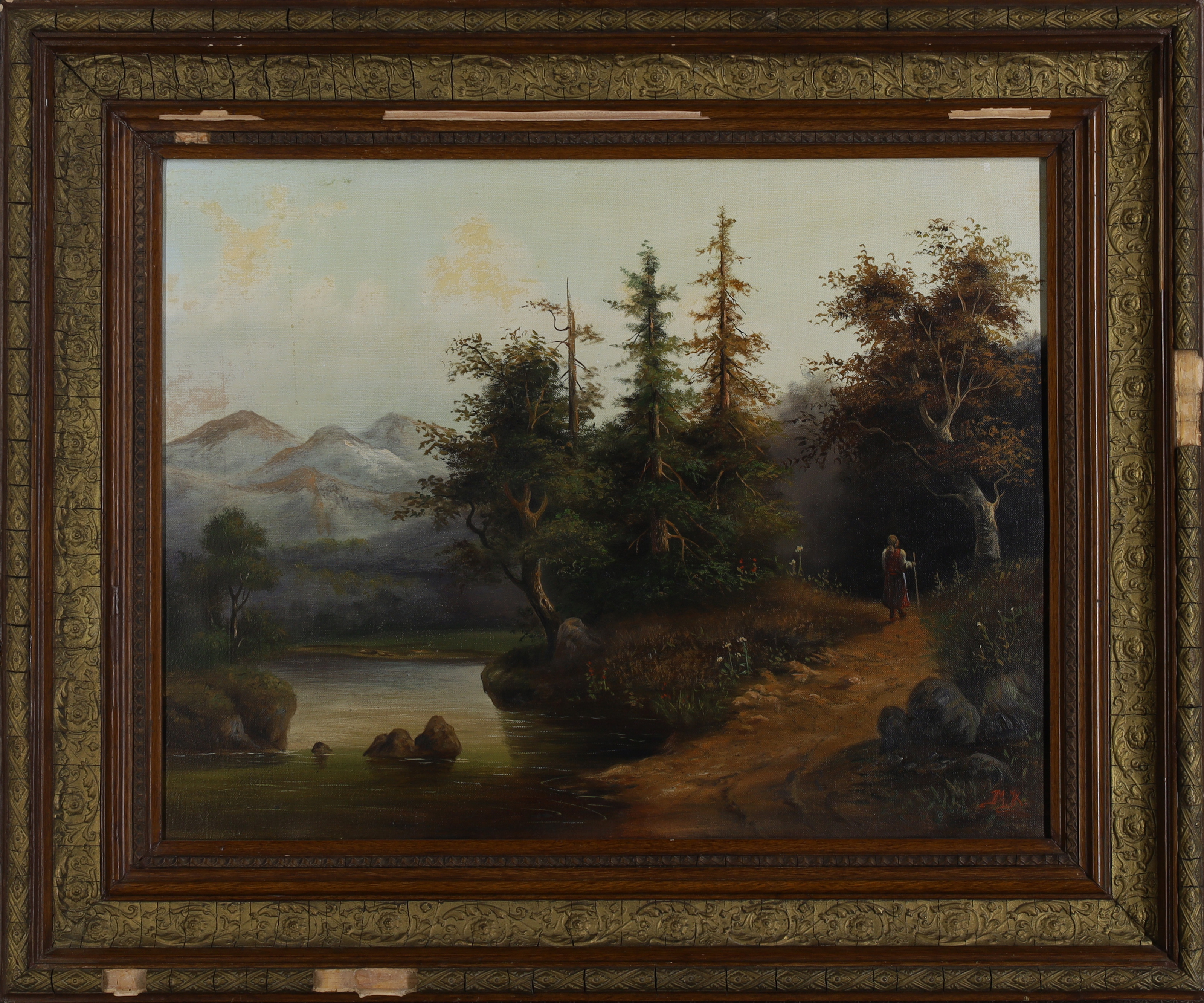 German School,  late 19th/early 20th century-  A wanderer in a wooded landscape;  oil on canvas... - Image 2 of 3