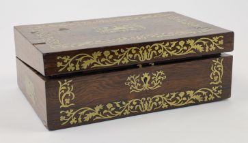 A brass-mounted mahogany writing slope, 19th century, the exterior with brass handles, foliate in...
