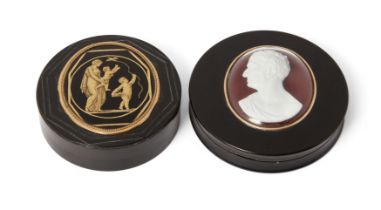 A French tortoiseshell snuff box, early 19th century, the cover inset with a verre églomisé panel...
