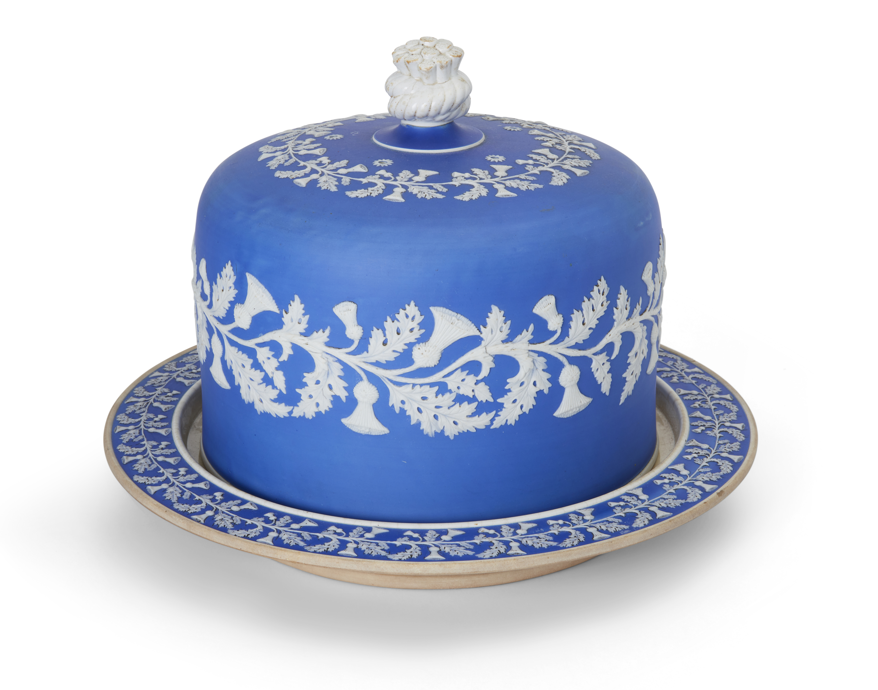 A Staffordshire blue jasperware cheese dome and stand, probably James Dudson, mid-19th century, t...