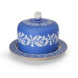 A Staffordshire blue jasperware cheese dome and stand, probably James Dudson, mid-19th century, t...