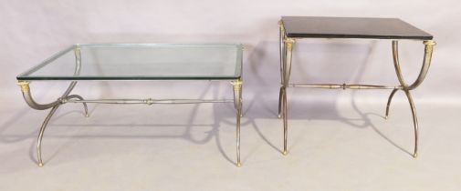 In the manner of Maison Jansen, a French steel and gilt metal X-frame coffee table, second half 2...