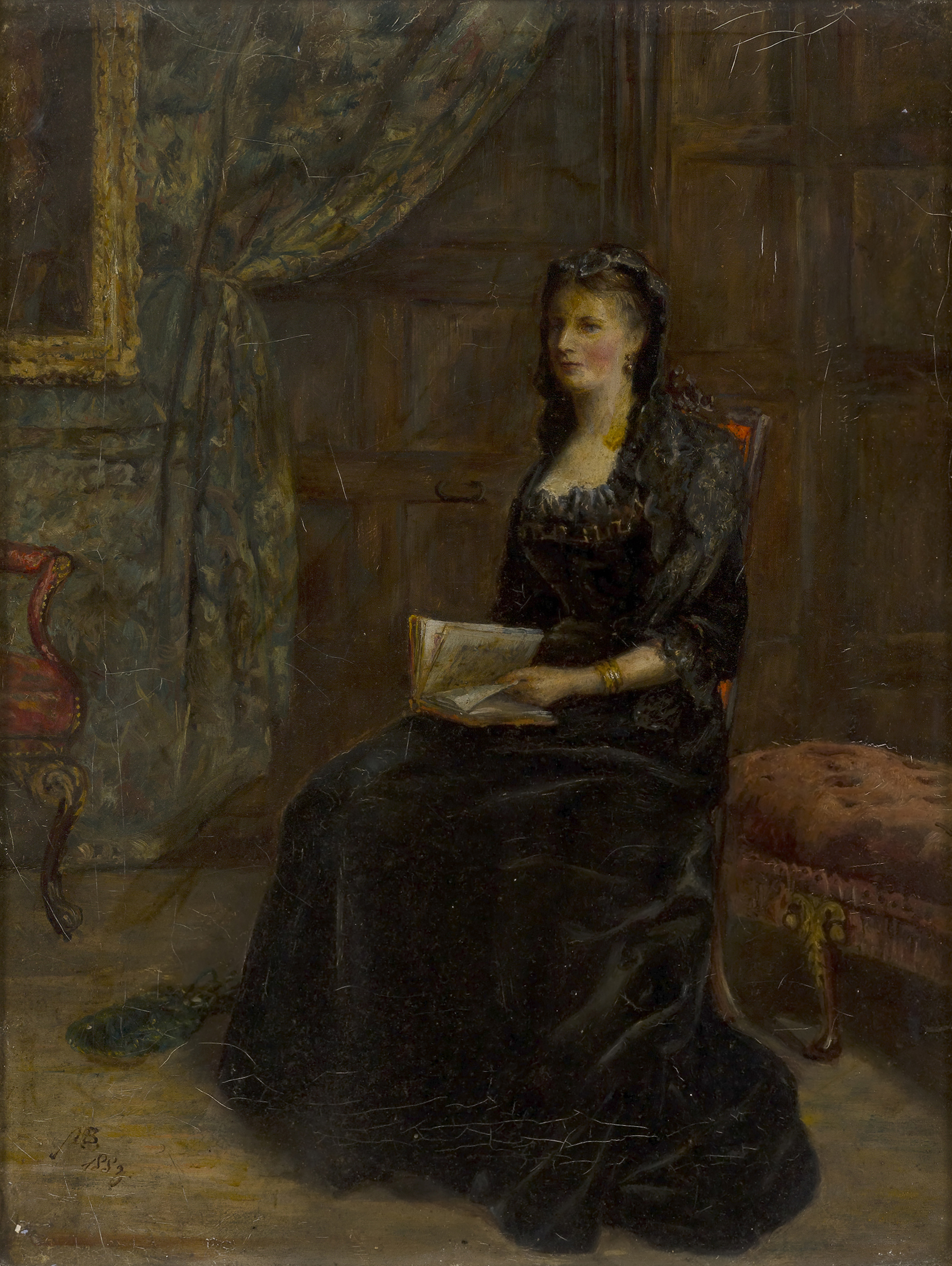 Circle of Alfred Walter Bayes,  British 1832-1909-  Portrait of a lady reading in an interior;  ...