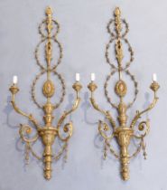 A set of four George III Adam style gilded wood and composition twin-light wall appliques, late 2...