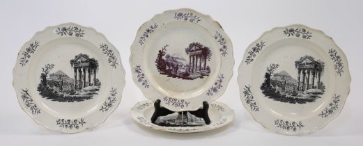 Four Wedgwood creamware plates, c.1770-80, impressed marks, each transfer-print decorated with a ...