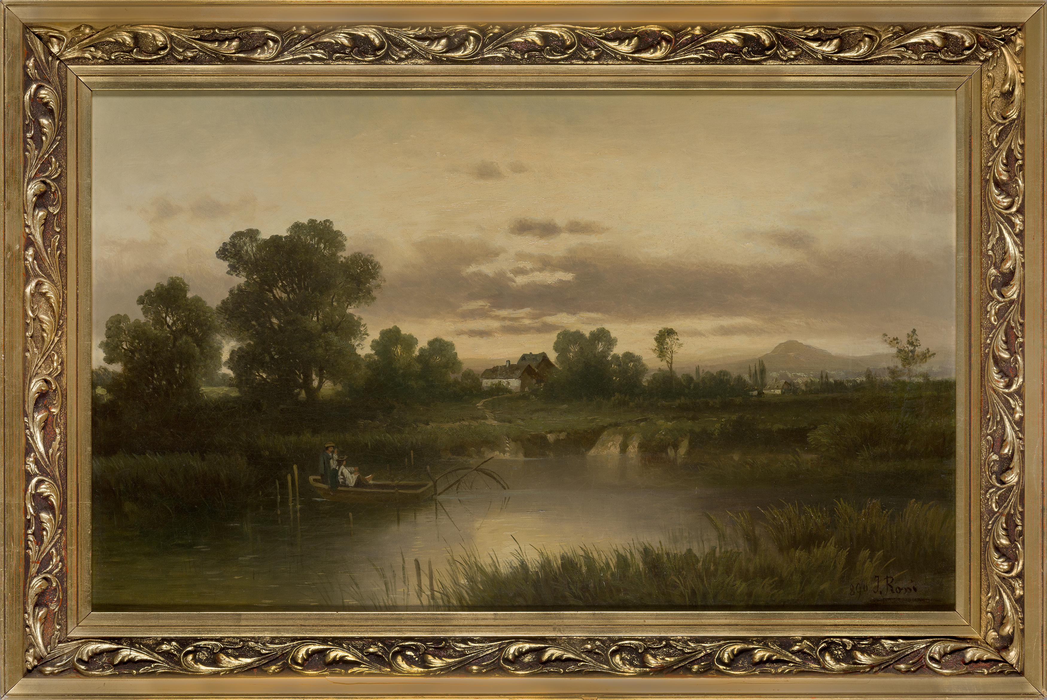 J. Rossi,  late 19th century-   River landscape at sunset, with figures on a boat;  oil on canv... - Image 2 of 3