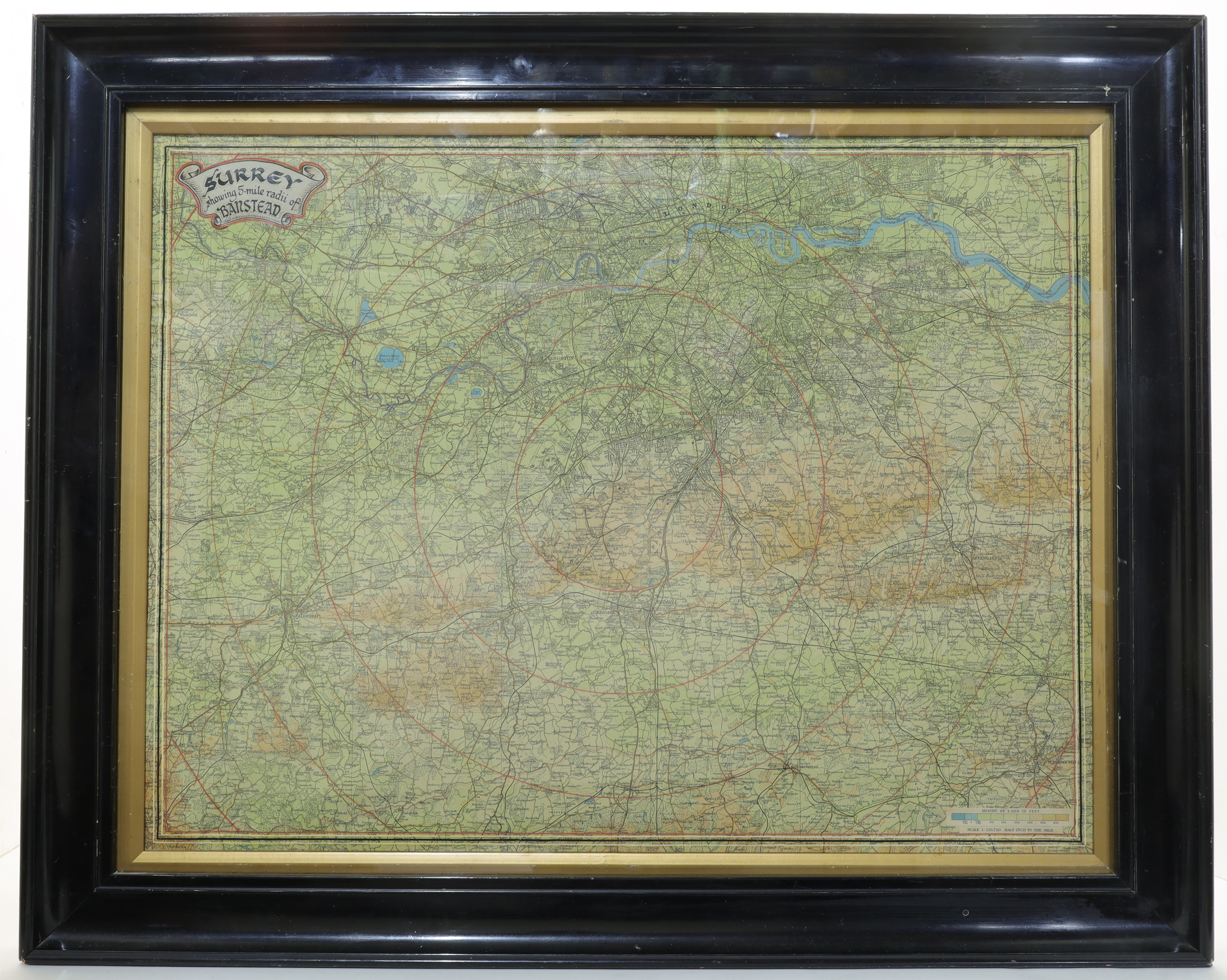 A map of Surrey, mid-20th century, showing 5-mile radii of Banstead within a quadruple outlined b...