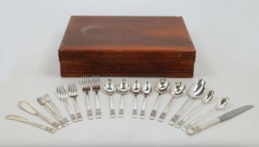 A part canteen of silver plated flatware comprising: 12 each table knives, soup spoons, table for...