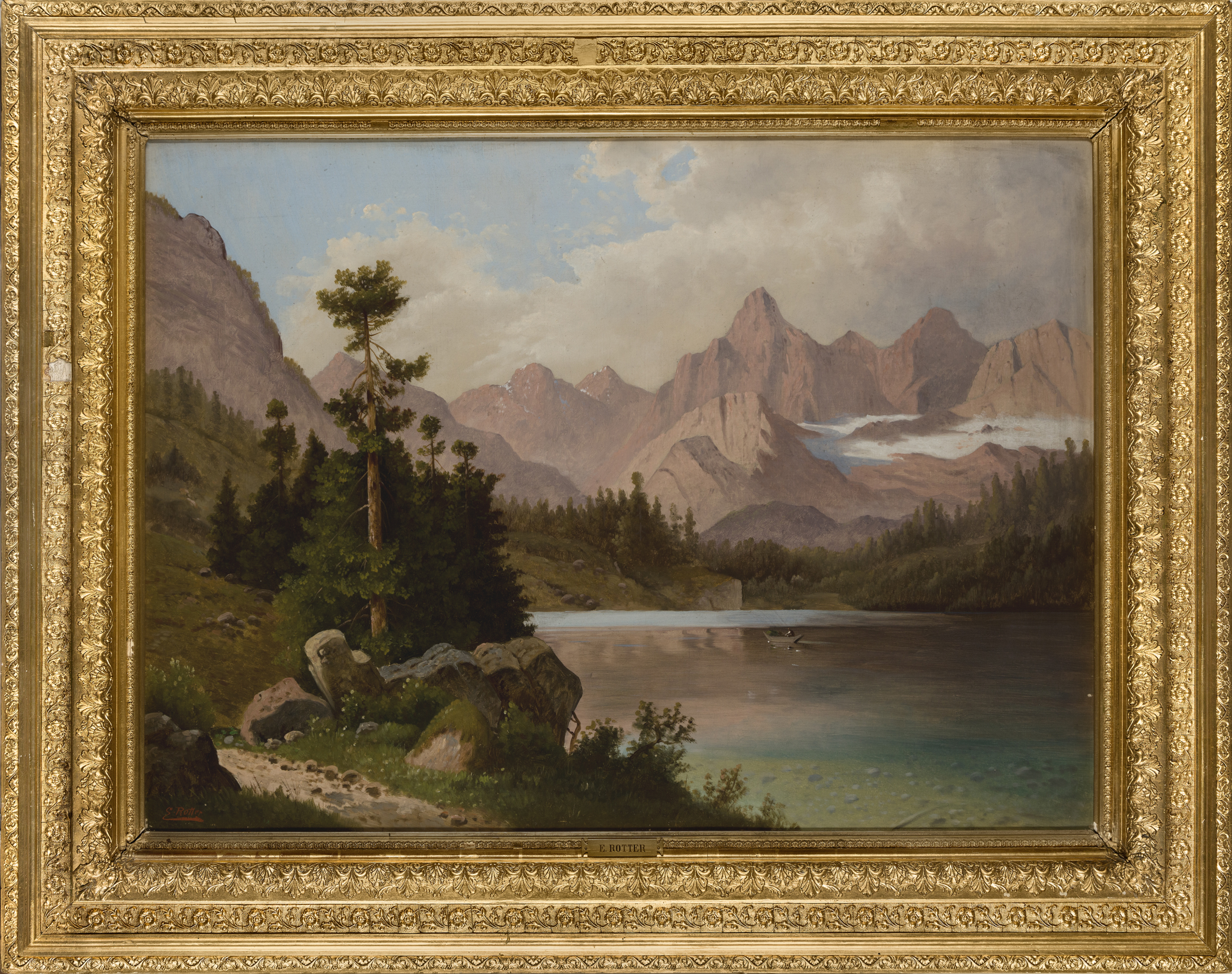 E. Rotter,  19th century-  Alpine lake landscape with figures in a boat;  oil on canvas, signed... - Image 2 of 3