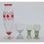 A group of glassware, probably 19th century, comprising: two green roemer glasses, the cup bowls ...