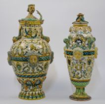 Two Italian majolica urns and covers, late 19th / early 20th century, the larger example applied ...