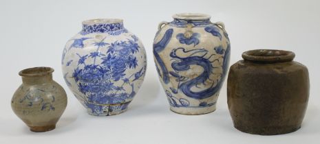 A group of four ceramic vases, Asian and European, to include a Dutch Delft baluster vase, 18th c...