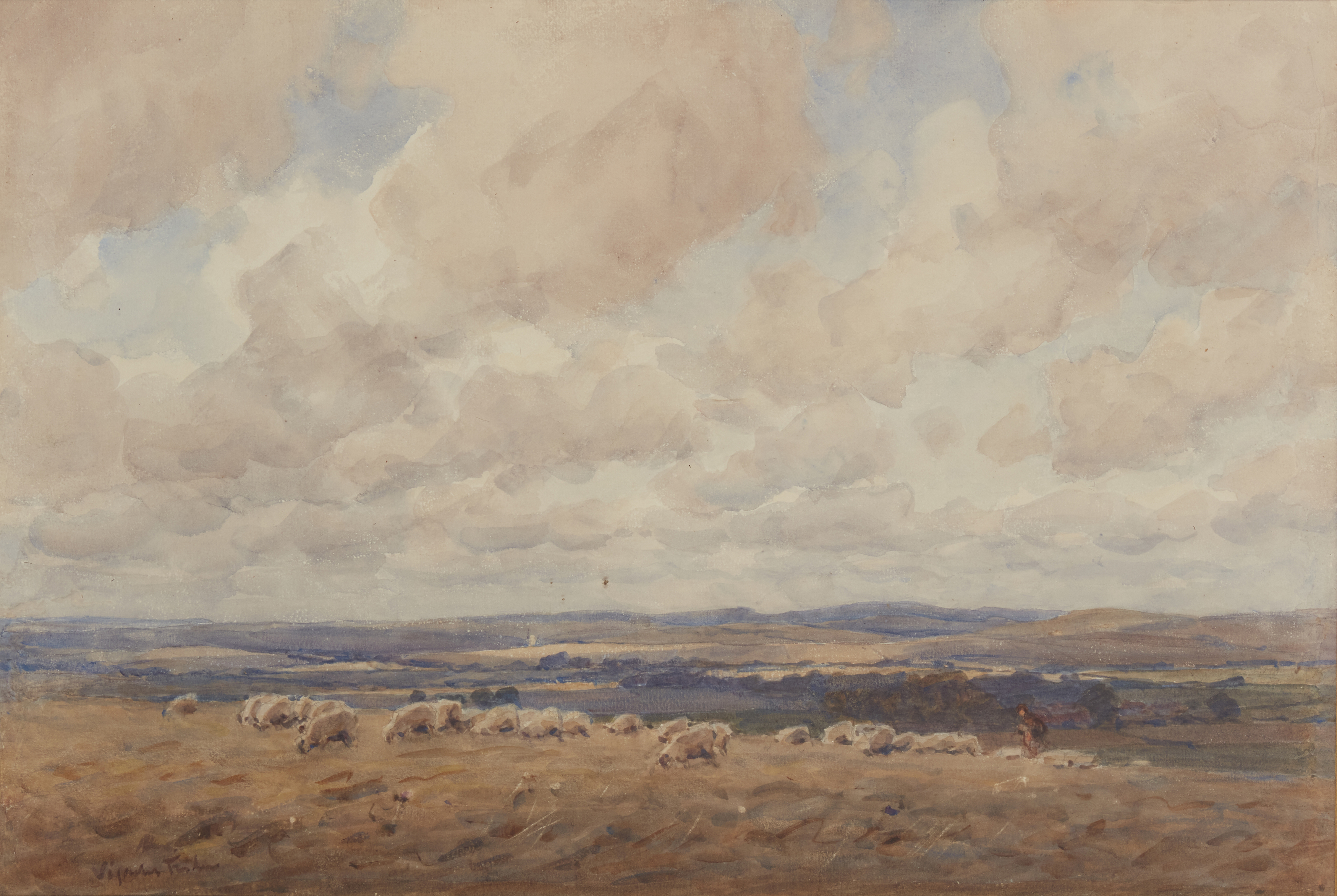 Joseph Henry Vignoles Fisher,  British 1864-1945-  On the South Downs;  pencil and watercolour ...