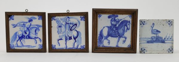 Four Dutch Delft blue and white ceramic tiles, 17th/18th century, comprising: a horseback Ottoman...