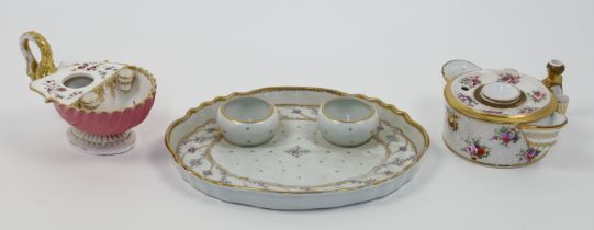 A Derby porcelain inkstand, c.1780-1800, of shell form with swan neck handle and footed base, pai...