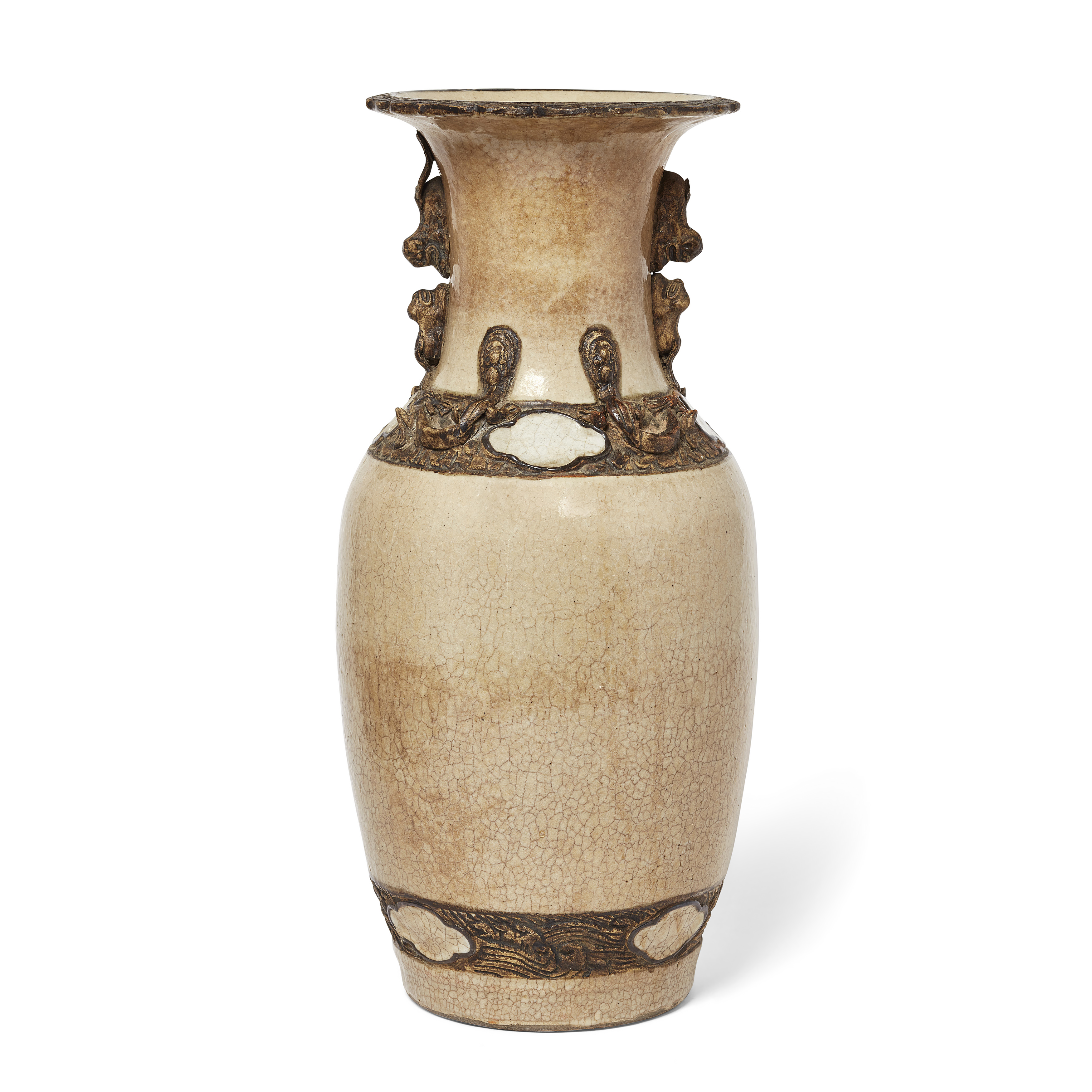 A Chinese creamy crackle glaze and faux-bronze-mount baluster vase, late Qing dynasty, apocryphal...