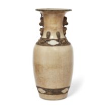 A Chinese creamy crackle glaze and faux-bronze-mount baluster vase, late Qing dynasty, apocryphal...