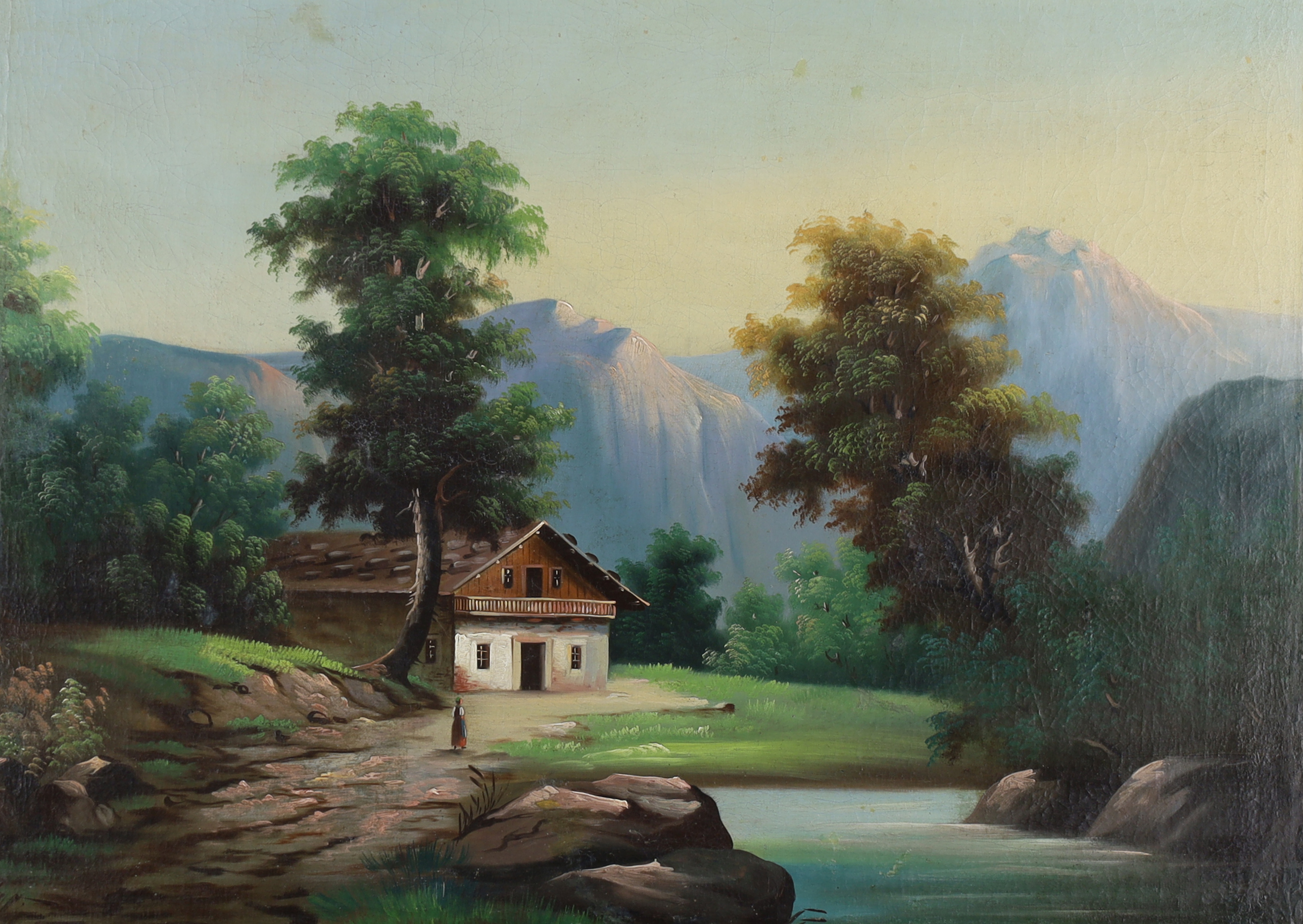 Follower of Alois Kirnig,  Austro-Hungarian 1840-1911-  A Cottage by the River;  oil on canvas,...