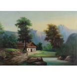 Follower of Alois Kirnig,  Austro-Hungarian 1840-1911-  A Cottage by the River;  oil on canvas,...