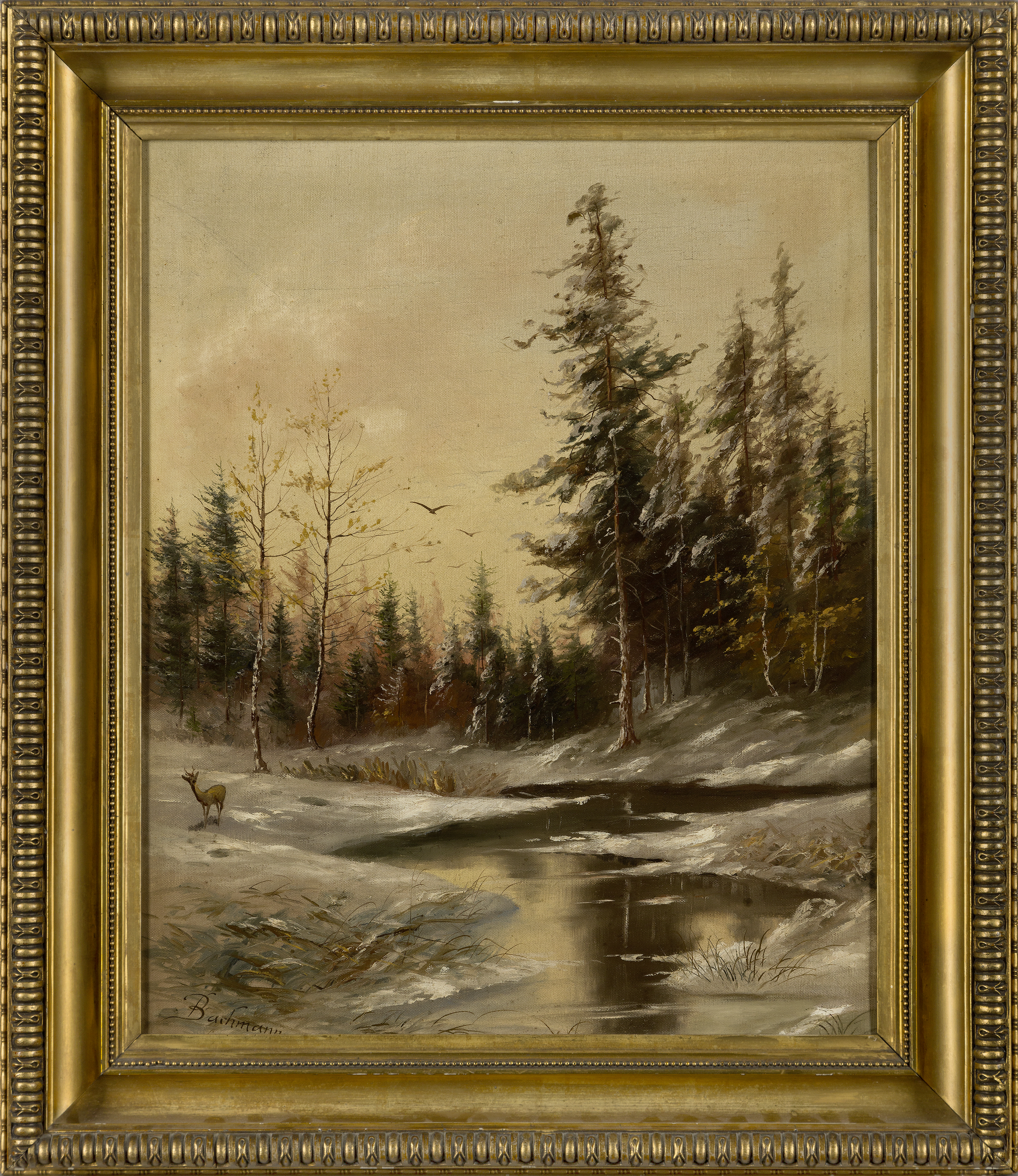 German School,  late 19th/early 20th century-  A deer in a snowy woodland landscape;  oil on ca... - Image 2 of 3