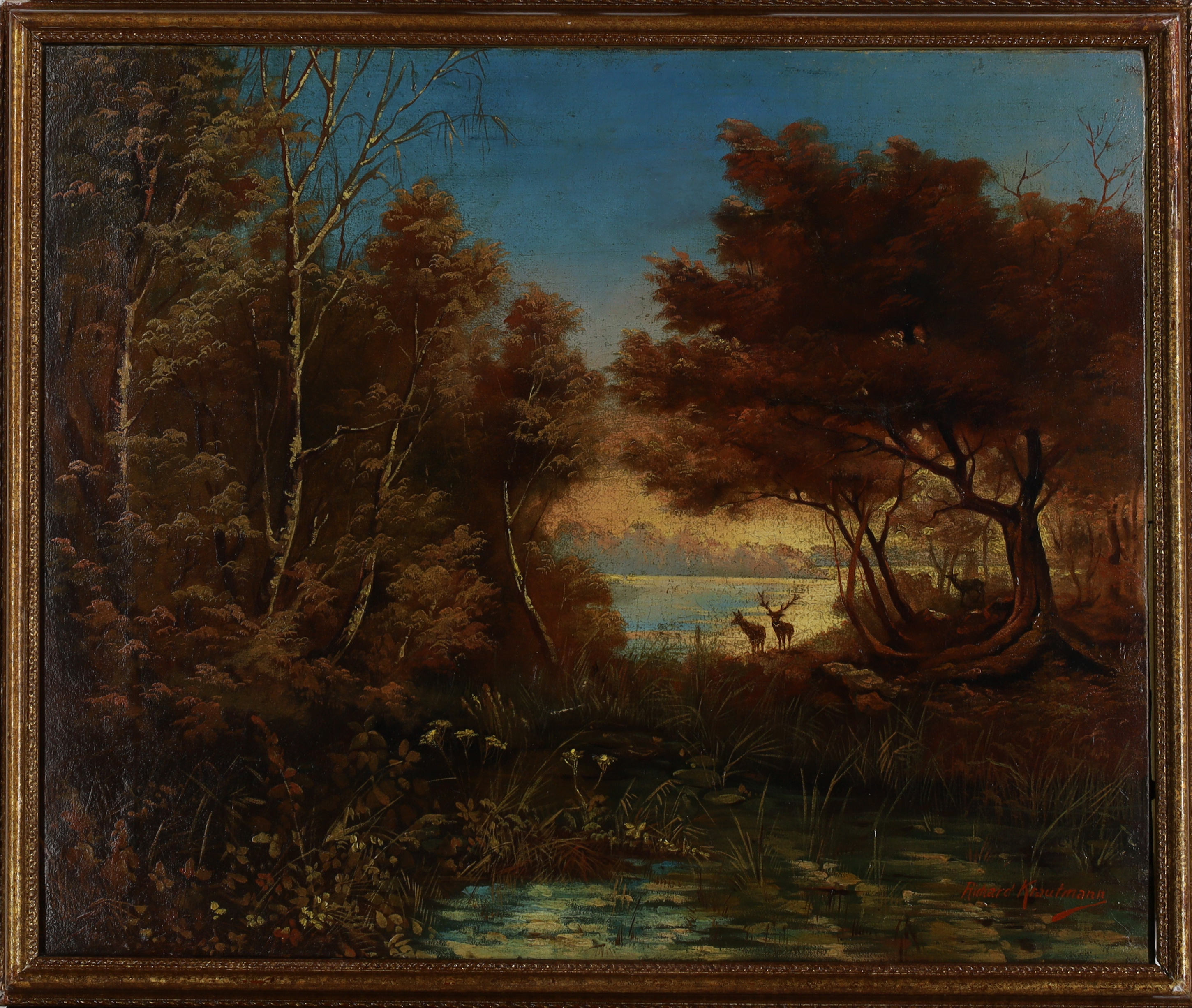 Richard Krautmann,  German, 20th century-  Deer in a clearing;  oil on canvas, signed 'Richard ... - Image 2 of 3