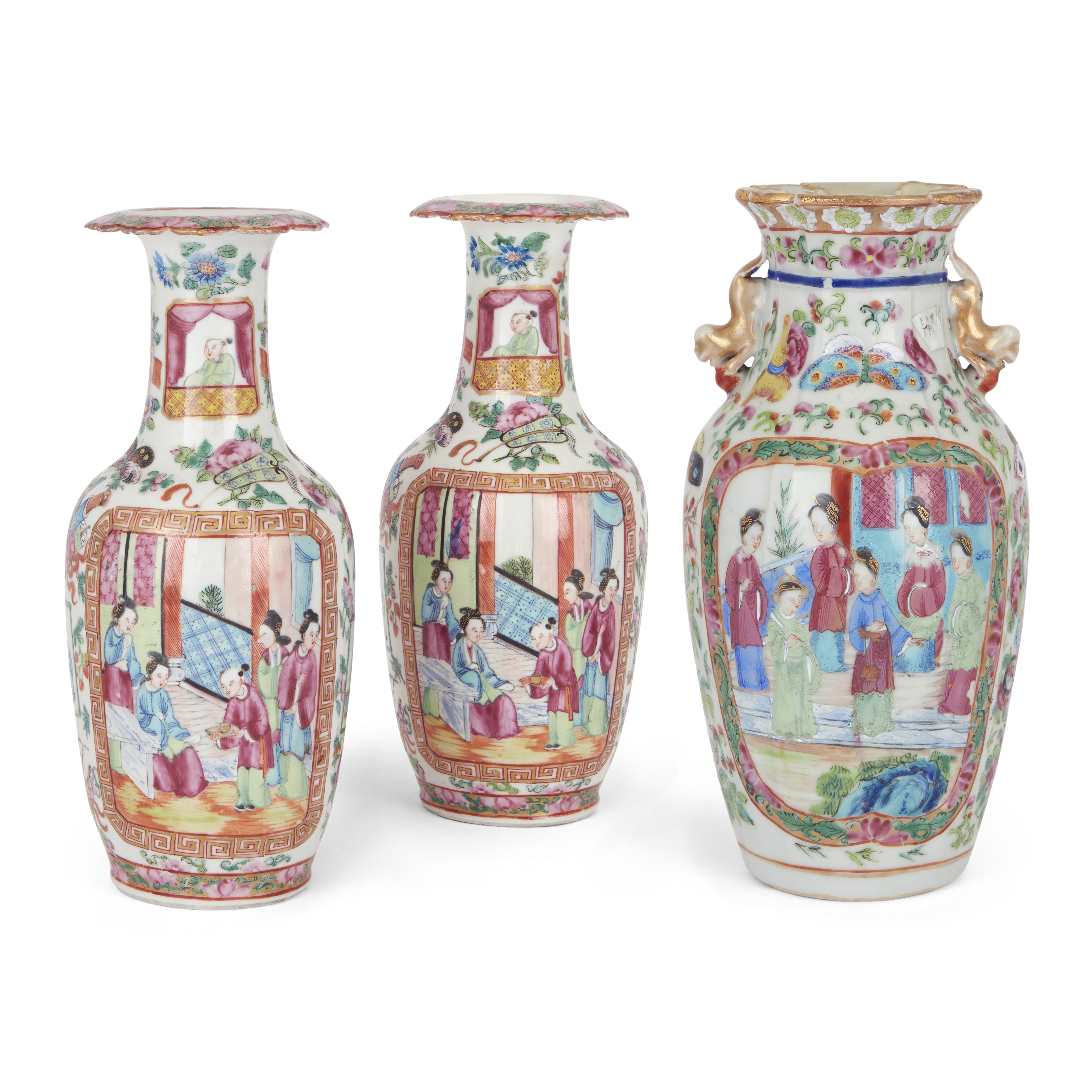 Three Chinese Canton famille rose vases, Qing dynasty, 19th century, comprising a pair and a sing...