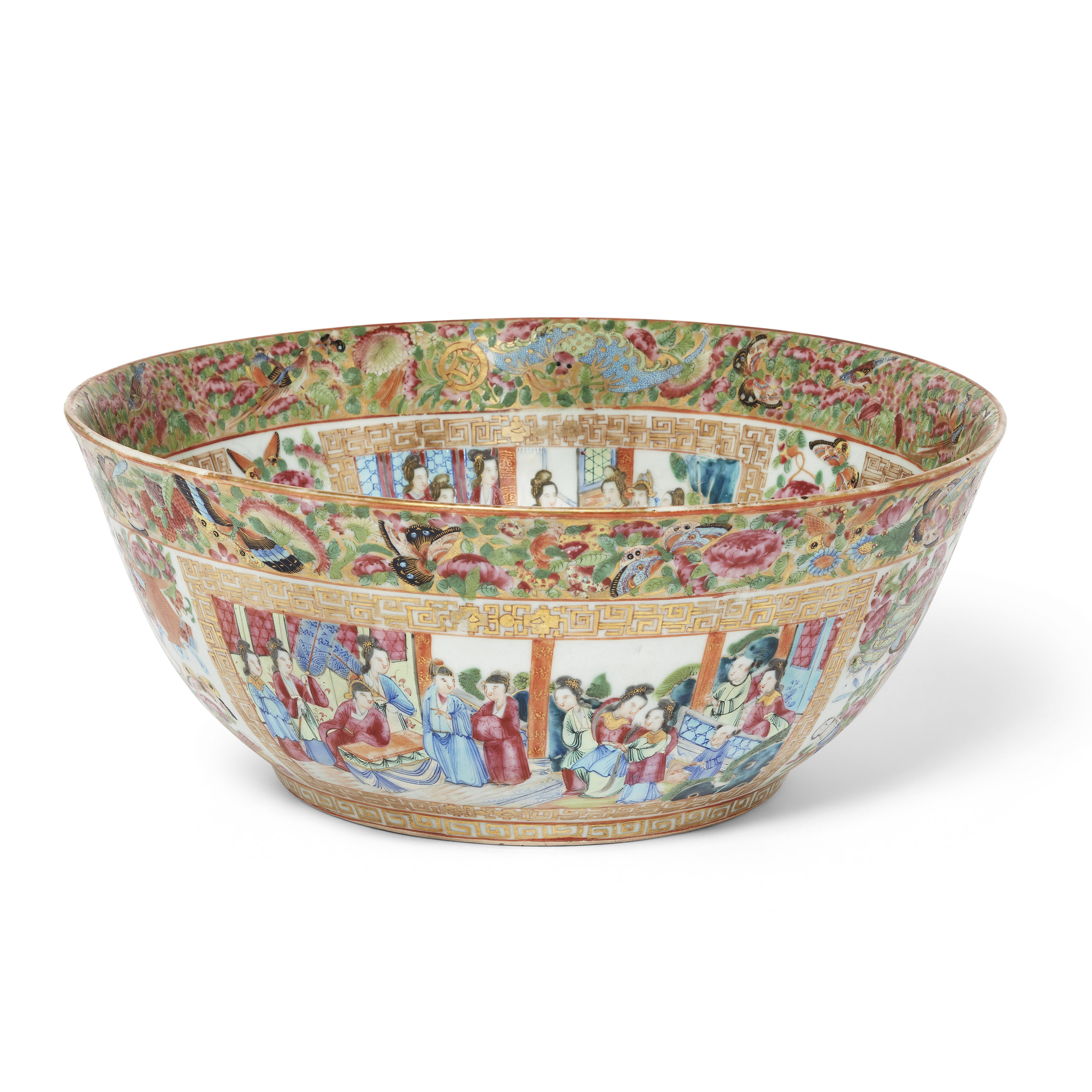 A large Chinese 'Canton' famille rose punch bowl, Qing dynasty, 19th century, enamelled and gilt ...