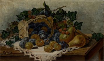 Manner of Mathilde Kopp,  late 19th/early 20th century-  Still life of plums, pears and raspberr...