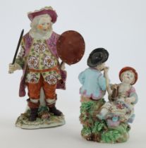 A Derby porcelain figure of James Quinn as Falstaff and a Derby porcelain group of infant rustic ...