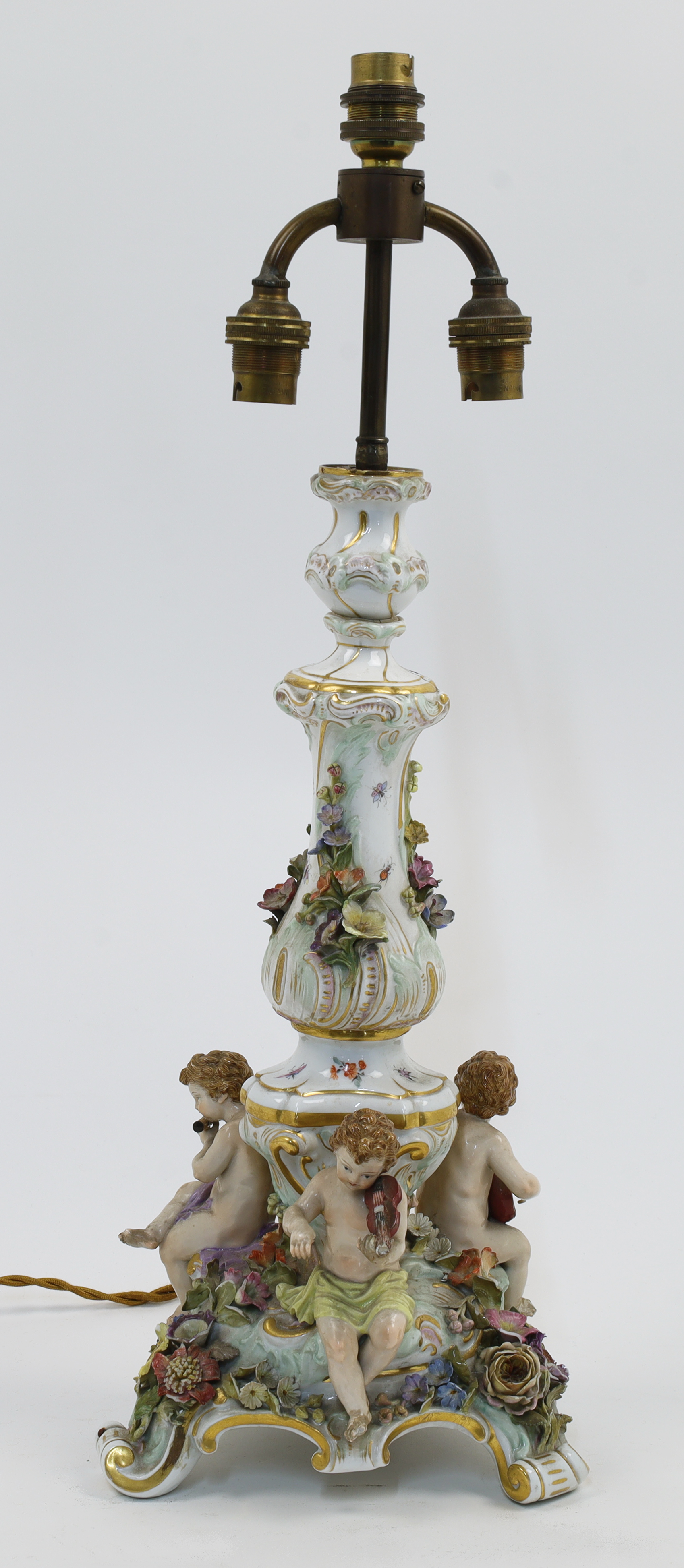 A Meissen porcelain table centrepiece converted to a three-light lamp, late 19th / early 20th cen...