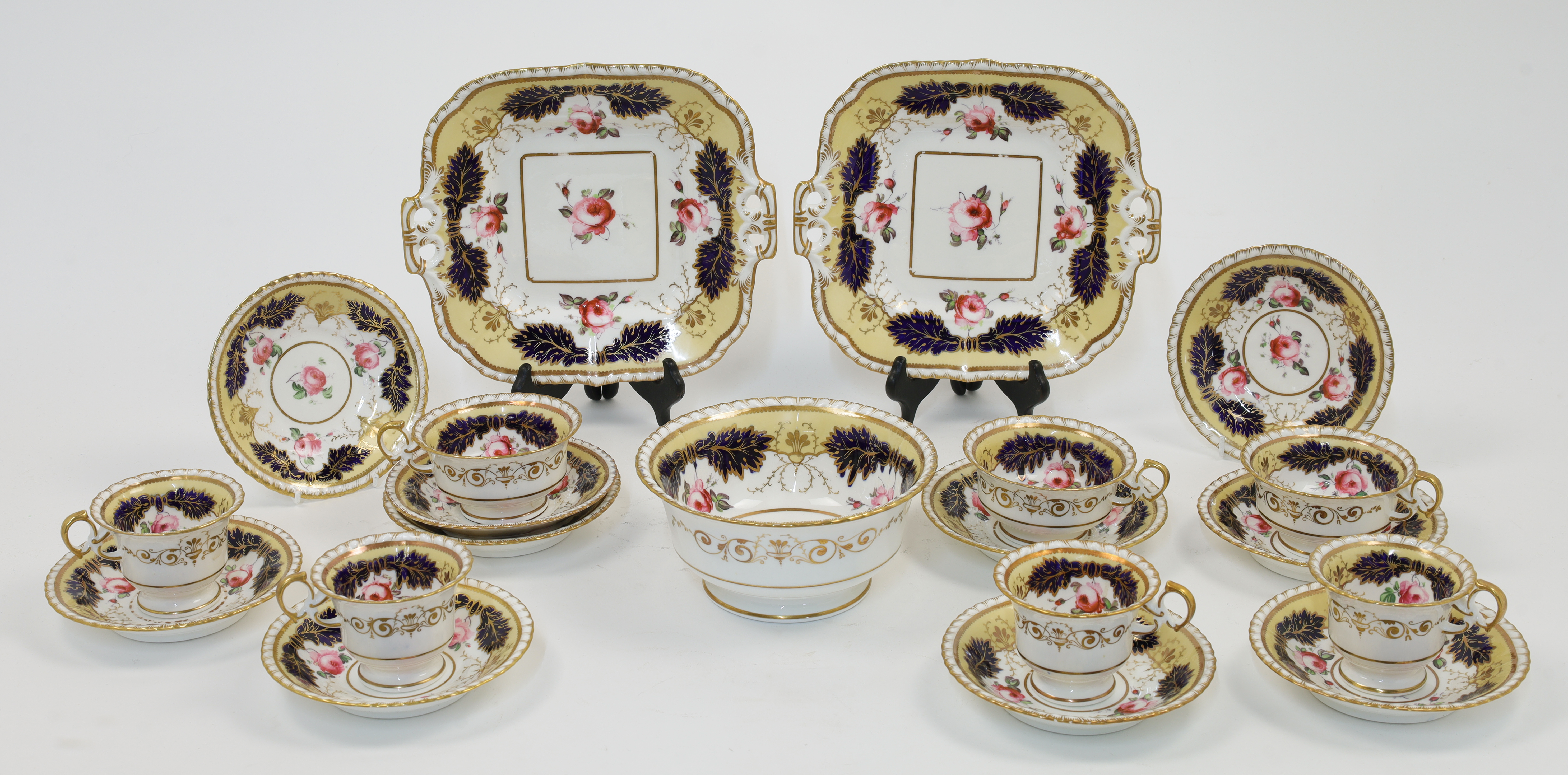 An English porcelain part tea service, possibly Ridgway or Coalport, first half 19th century, som...