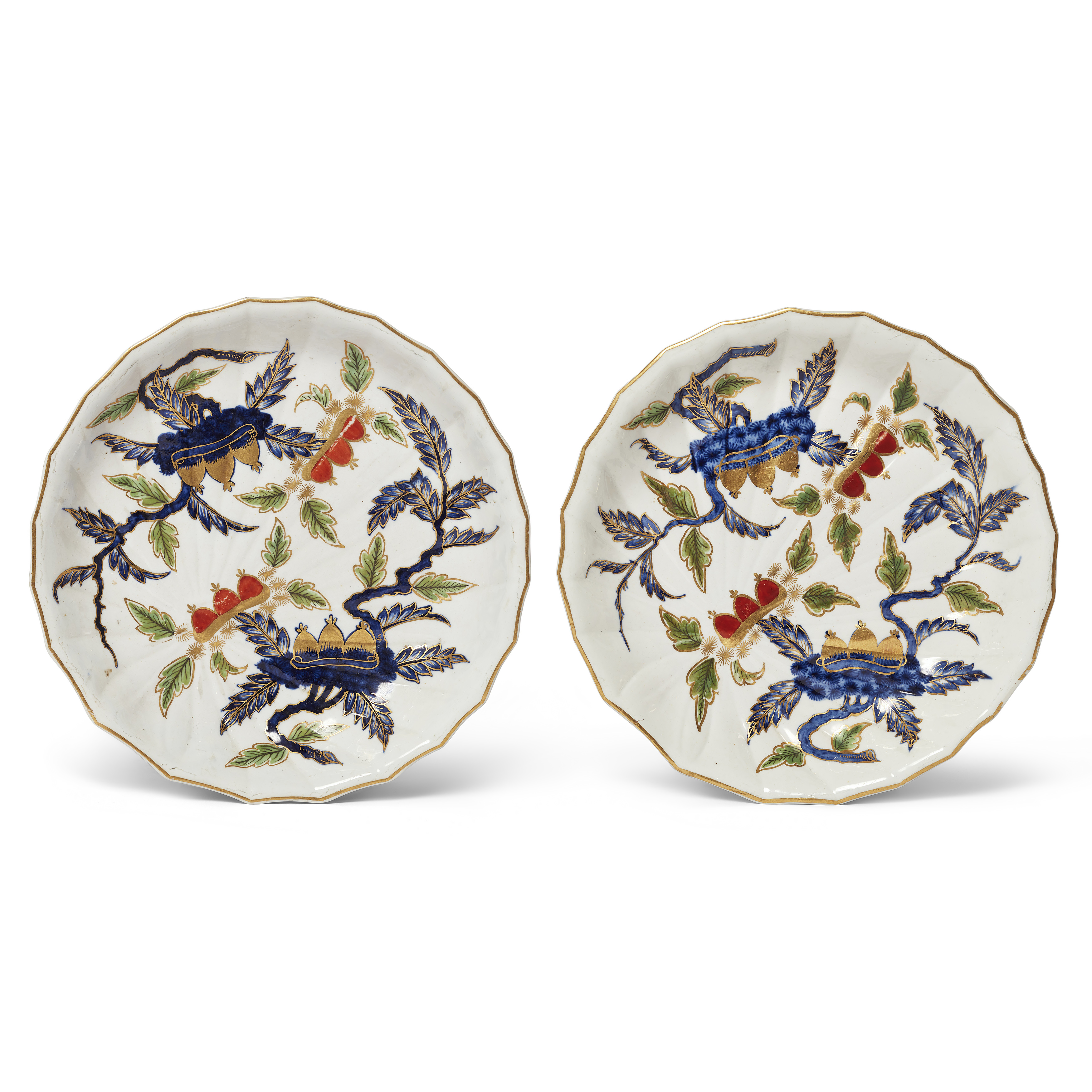 A pair of Derby porcelain plates decorated in Chinoiserie taste with the 'Chestnut' pattern, late...